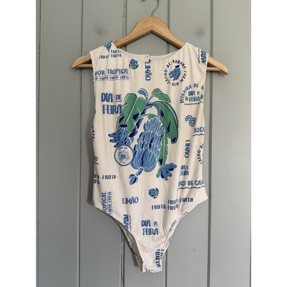 Farm Rio Bodysuit S/M Blue Ivory Banana Print Cutout Back Sleeveless Jersey